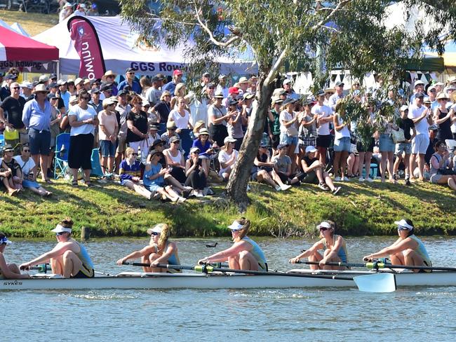 A Geelong Grammar crew in action at the Head of the Schoolgirls' Regatta 2019 on the Barwon River in Geelong. Picture: Stephen Harman