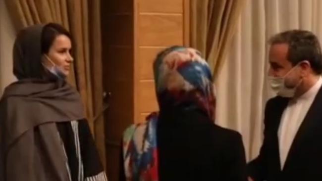 Kylie Moore-Gilbert (left) is seen as she leaves Iran. Picture: iribnews.ir