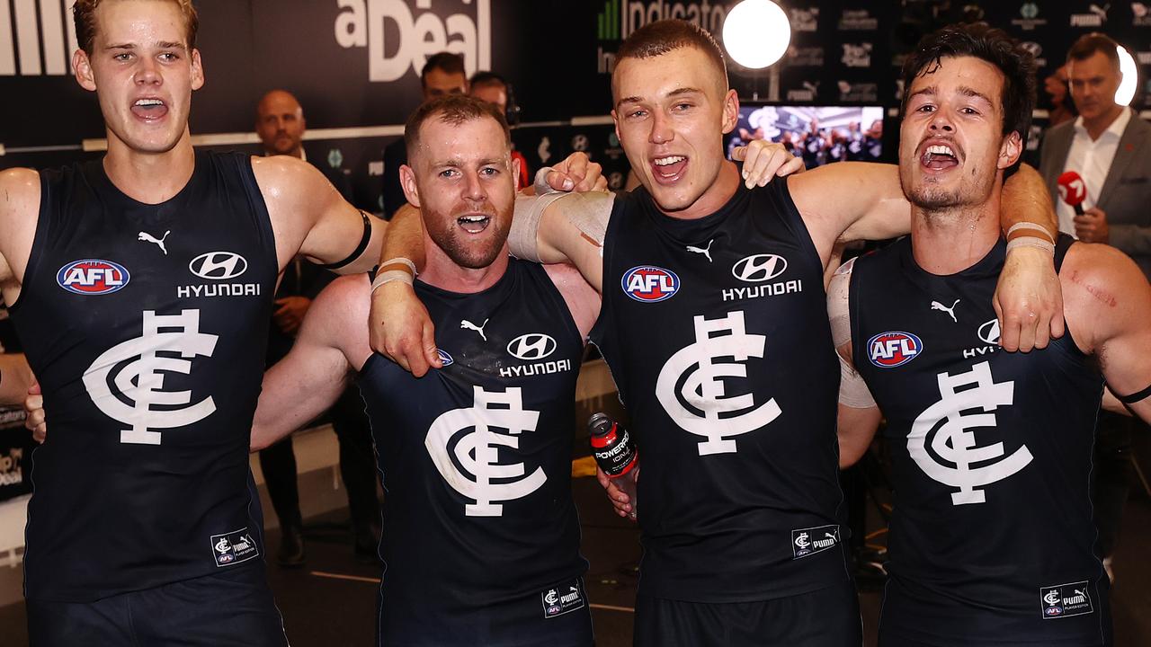 Patrick Cripps and Sam Docherty had plenty of reasons to celebrate with teammates this season. Picture: Michael Klein