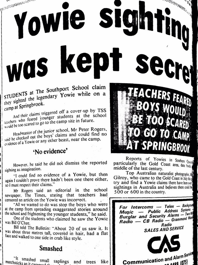 Yowie sighting was kept secret. Published in the Gold Coast Bulletin on November 17, 1977.