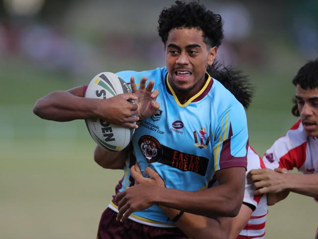 Keebra Park host Palm Beach Currumbin at Owen Park in the Langer Cup. Keebras Jahream Bula on the charge..  Picture Glenn Hampson