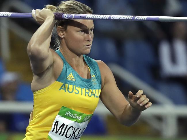 Australia's Kim Mickle makes an attempt in the women's javelin qualification during the athletics competitions of the 2016 Summer Olympics at the Olympic stadium in Rio de Janeiro, Brazil, Tuesday, Aug. 16, 2016. (AP Photo/Matt Slocum)