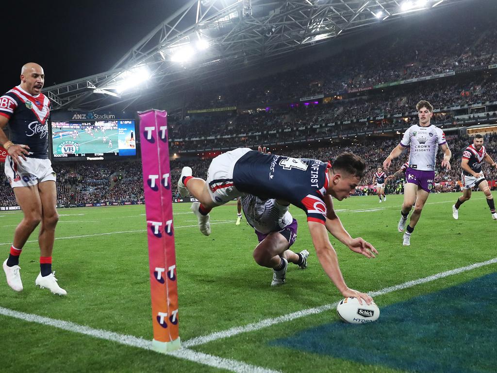 Roosters Joseph Manu scores a try during the 2018 NRL Grand Final between the Sydney Roosters and Melbourne Storm at ANZ Stadium. Picture. Phil Hillyard