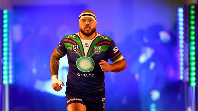 AUCKLAND, NEW ZEALAND - AUGUST 23: Jazz Tevaga of the Warriors runs onto the field during the round 25 NRL match between New Zealand Warriors and Canterbury Bulldogs at Shaun Johnson Stadium, on August 23, 2024, in Auckland, New Zealand. (Photo by Phil Walter/Getty Images)