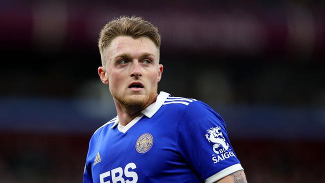 BIRMINGHAM, ENGLAND - FEBRUARY 04: Harry Souttar of Leicester City looks on during the Premier League match between Aston Villa and Leicester City at Villa Park on February 04, 2023 in Birmingham, England. (Photo by Richard Heathcote/Getty Images)