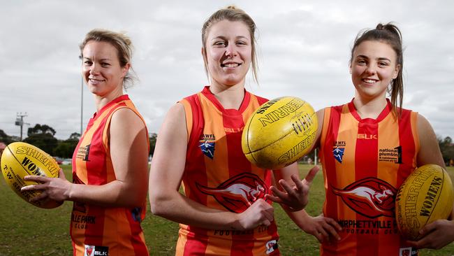 Courtney Cramey, Kellie Gibson and Ebony Marinoff back in 2016 during their time with Morphettville Park. Picture: Calum Robertson