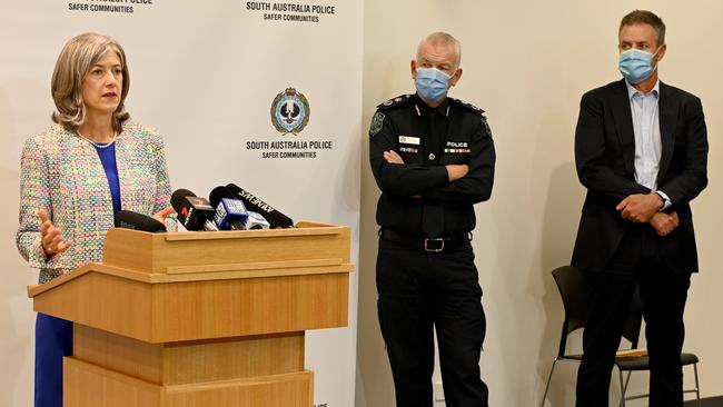 Chief public health officer Professor Nicola Spurrier with Police Commissioner Grant Stevens, and education department CEO Rick Persse on Wednesday. Picture: NCA NewsWire / Naomi Jellicoe