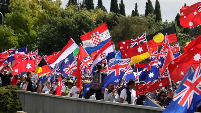 The demonstrators, who have travelled to the nation’s capital from across the country, marched from Canberra's Glebe Park to Old Parliament house on Saturday. Picture: NCA/Gary Ramage
