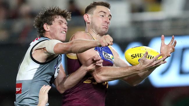 Lions star Harris Andrews dominated the Power in the air. Picture: Jono Searle/AFL Photos/via Getty Images