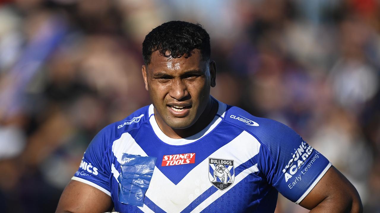 BUNDABERG, AUSTRALIA - JULY 30: Tevita Pangai Junior of the Bulldogs looks on during the round 22 NRL match between Canterbury Bulldogs and Dolphins at Salter Oval on July 30, 2023 in Bundaberg, Australia. (Photo by Ian Hitchcock/Getty Images)