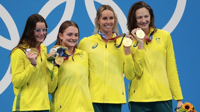 Gold medallists Kaylee McKeown, Chelsea Hodges Emma McKeon and Cate Campbell of Team Australia pose on the podium during the medal ceremony for the Women's 4 x 100m Medley Relay Final on day nine of the Tokyo 2020 Olympic Games at Tokyo Aquatics Centre on August 01, 2021 in Tokyo, Japan. Picture: Xavier Laine/Getty Images