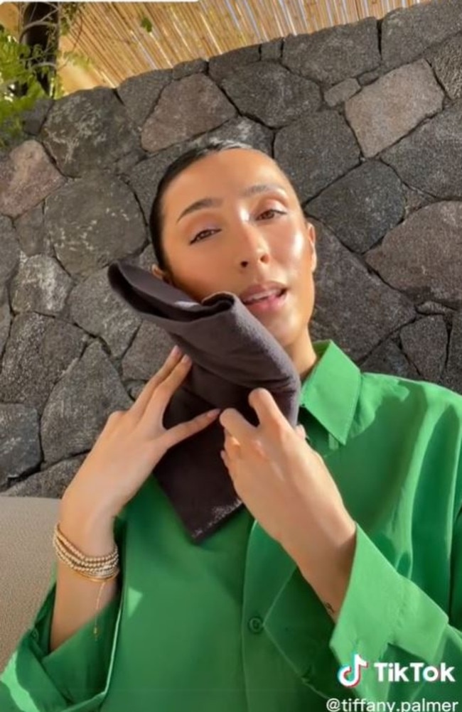 TikTok is flooded with videos bragging about the pillow. Pictured is influencer Tiffany Palmer who said she is still ‘shook’ over how good it is. Picture: TikTok/tiffany.palmer