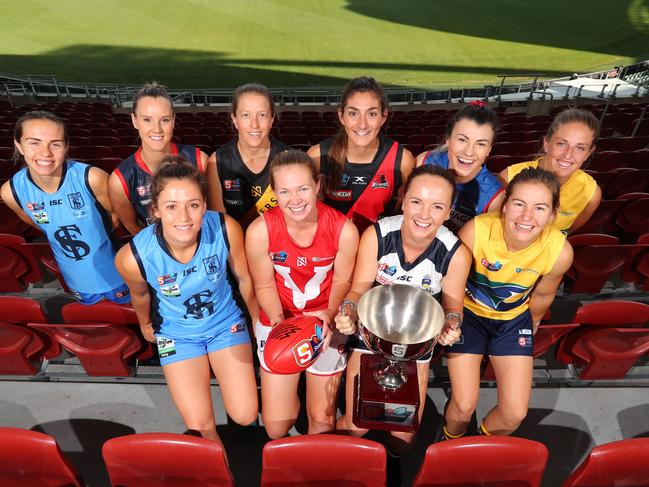 11.2.2020.The 2020 SANFLW season starts on February 14 .Team captains at Adelaide Oval for the season launch.Front (L-R)Sturt co-captain Georgia Bevan, North Adelaide captain Leah Tynan, South Adelaide vice captain Elyse Haylock, Woodville-West Torrens co-captain Adele Gibson.        Back (L-R)Sturt co-captain Maya Rigter, Norwood captain Alison Ferrall, Glenelg captain Chelsea Packer, West Adelaide captain Lauren Rodato, Central captain Nicola Biagi and Woodville-West Torrens co-captain Megan Andresen.  PIC TAIT SCHMAAL.