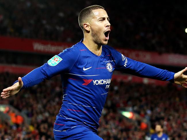 LIVERPOOL, ENGLAND - SEPTEMBER 26:  Eden Hazard of Chelsea celebrates after he scores his sides second goal during the Carabao Cup Third Round match between Liverpool and Chelsea at Anfield on September 26, 2018 in Liverpool, England.  (Photo by Jan Kruger/Getty Images)