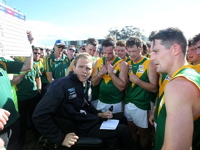 Gippsland Football League Grand Final match between Maffra Eagles and Leongatha Parrots. Maffra became the 2016 premiers, defeating Leongatha 13.10 (88) to 9. 16 (67). Coach Beau Vernon addresses Leongatha. Picture: Yuri Kouzmin