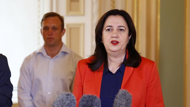 Queensland Premier Annastacia Palaszczuk during confirmed the new cases today. Picture: Tertius Pickard