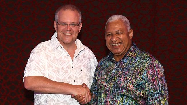 Scott Morrison with Fijian Prime Minister Frank Bainimarama in Suva earlier this year. Picture: AAP