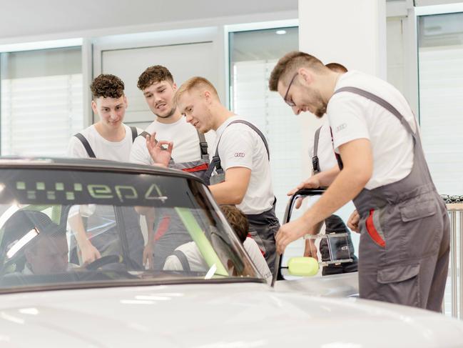 To mark the 150th anniversary of the NSU brand, apprentices from Audi Neckarsulm unveil an NSU Prinz they have converted into an electric car.