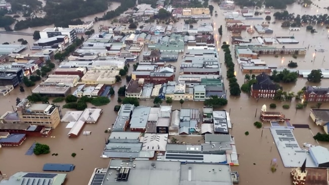 Lismore copped the full brunt of Mother Nature with the worst flooding in the town setting a new record of 14.4 metres, two metres more than the 1954 record of 12.27m. Picture: NCA NewsWire