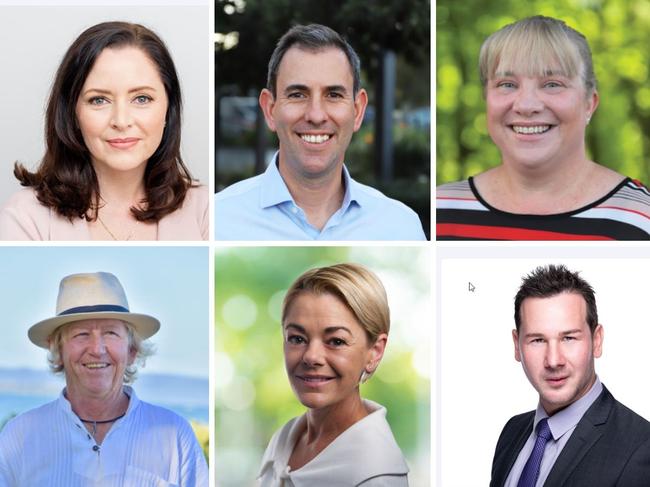 Queensland candidates in this month's federal election, clockwise from top left: Wright's Cassandra Duffill; Rankin sitting MP Jim Chalmers; ALP's Pam McCreadie; LNP's sitting MP for Forde Bert van Manen; ALP's Donisha Duff; UAP's Tim Coombes; PHON's Seschelle Matters; and The Greens Ian Mazlin.