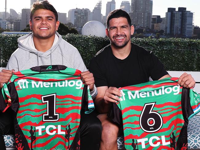 Latrell Mitchell and Cody Walker with the Rabbitohs' Indigenous Round jersey. Picture: Brett Costello