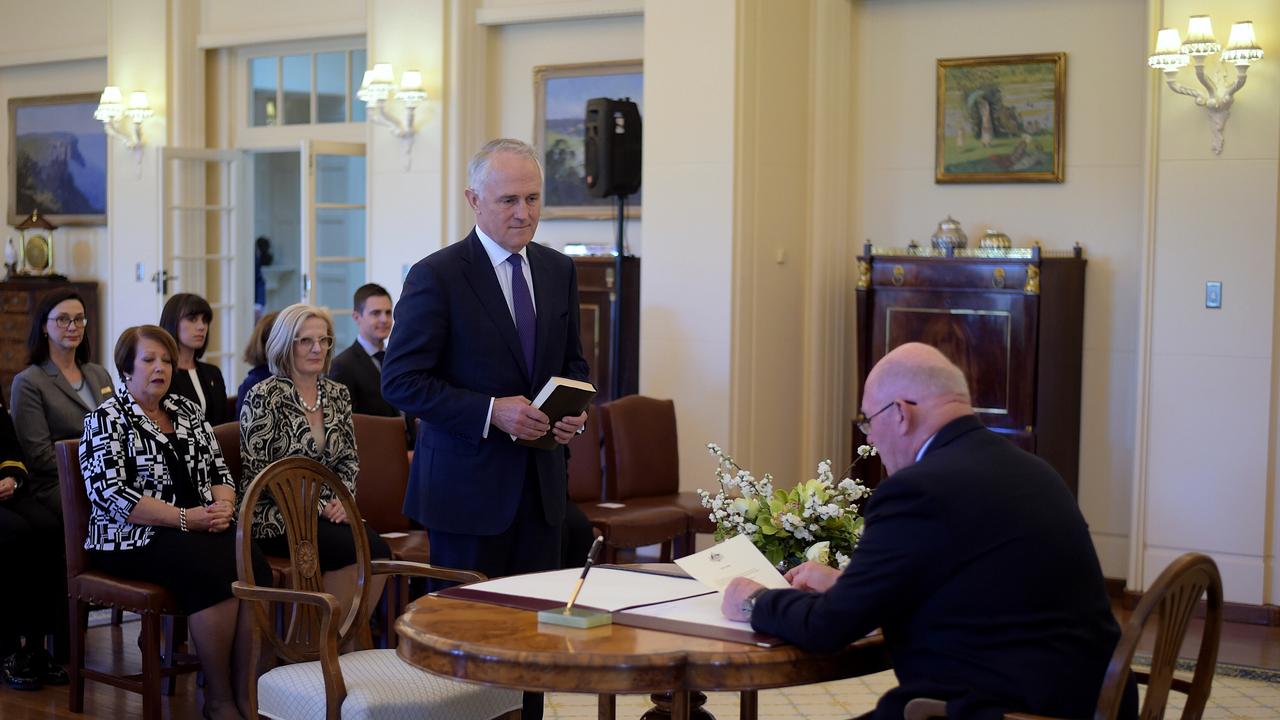 Malcolm Turnbull (left) being sworn in as prime minister by Australia's Governor-General Sir Peter Cosgrove in 2015 after winning a leadership spill against Tony Abbott. Picture: Lukas Coch/AAP NO ARCHIVING