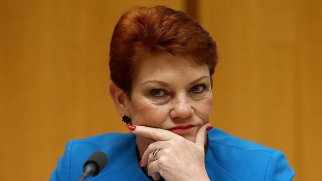 Senator Pauline Hanson listening at a Senate Estimates committee at Parliament House in Canberra. Picture: Kym Smith.