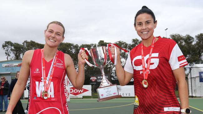 BFL Netball grand final - Ocean grove V Geelong Ammos. Ocean grove winners with left captain  Rebecca OÃNeil and coach Melanie Holmes Picture: Mark Wilson