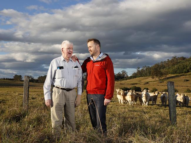 Phil and his son Ed O'Grady on their land in Cobbitty where 2400 homes will be built. It has taken 16 years to get the plans to this point. Picture: Jonathan Ng