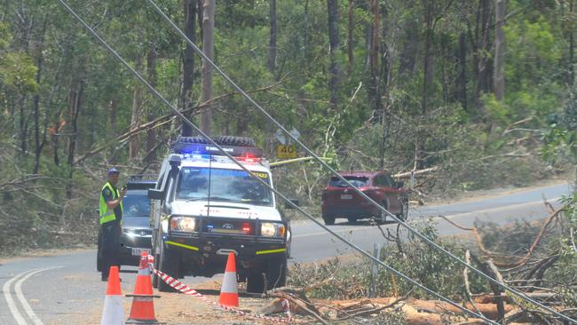 Fallen power lines and power poles have caused traffic hazards at Eagle Heights on Mt Tamborine. Picture: NCA NewsWire/ Scott Powick