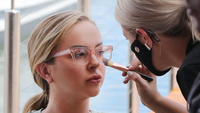 Angie Kent has her make-up touched up during a rehearsal on the final day of shooting for film <i>The Possessed</i>. Picture: Glenn Hampson