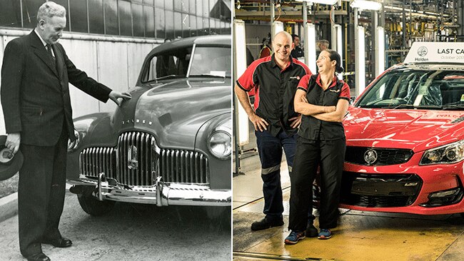 Then and now: Former PM Ben Chifley inspects the first Holden to come off the production line in 1948, and the last Commodore leaves Holden’s Adelaide assembly plant.