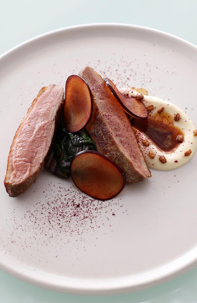 Maremma free-range duck breast arrives in slices nicely pink and rested over celeriac puree.