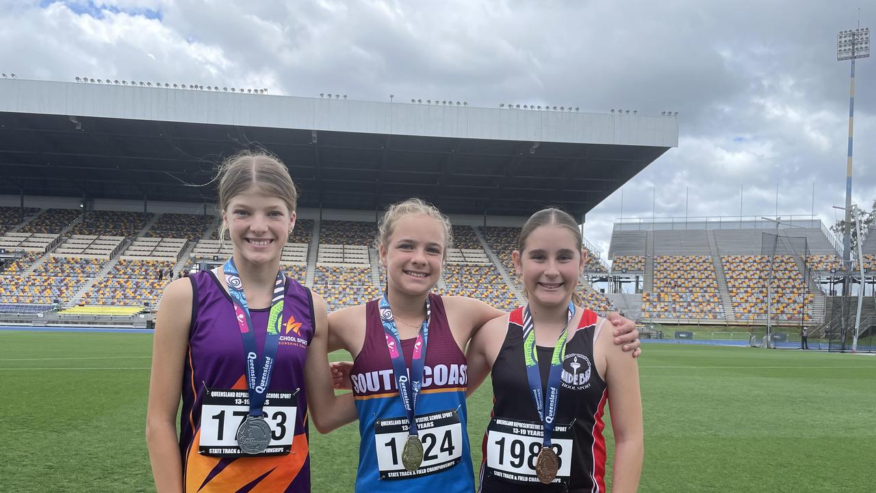 Jaida Burgoyne, middle, flanked by Jade McCoombes, right, and second placed Makayla Elcoate.