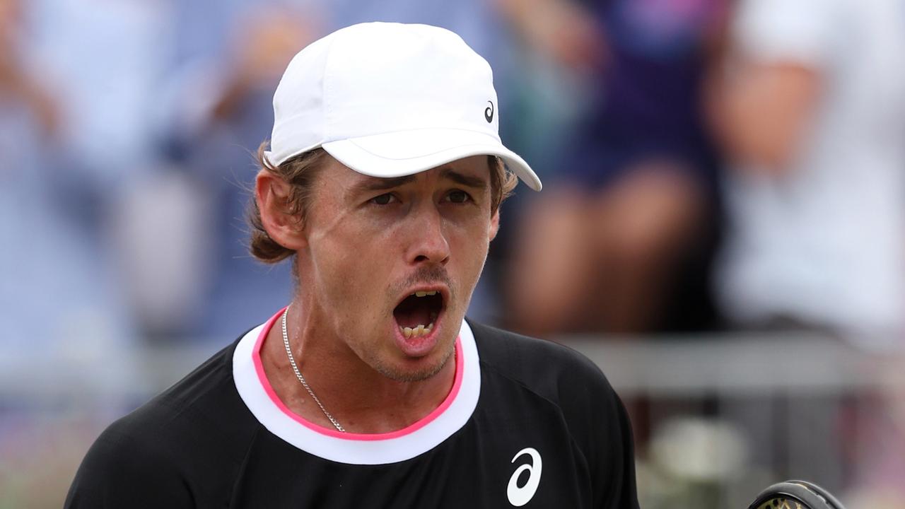 LONDON, ENGLAND - JUNE 24: Alex De Minaur of Australia celebrates winning match point against Holger Rune of Denmark during the Men's Singles Semi-Final match on Day Six of the cinch Championships at The Queen's Club on June 24, 2023 in London, England. (Photo by Julian Finney/Getty Images)