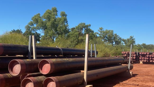 Pipes await in readiness for assembly at Tamboran’s Kyalla well site in July.