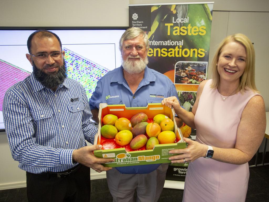 Lead researcher Dr Muhammed Sohail Mazhar, NT Farmers industry development manager Greg owens and Agribusiness and Aquaculture Minister Nicole Manison. Picture: Floss Adams.