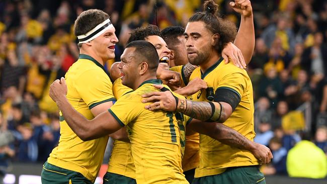 Kurtley Beale celebrates scoring for the Wallabies in their big win over the All Blacks in Perth. Picture: AAP