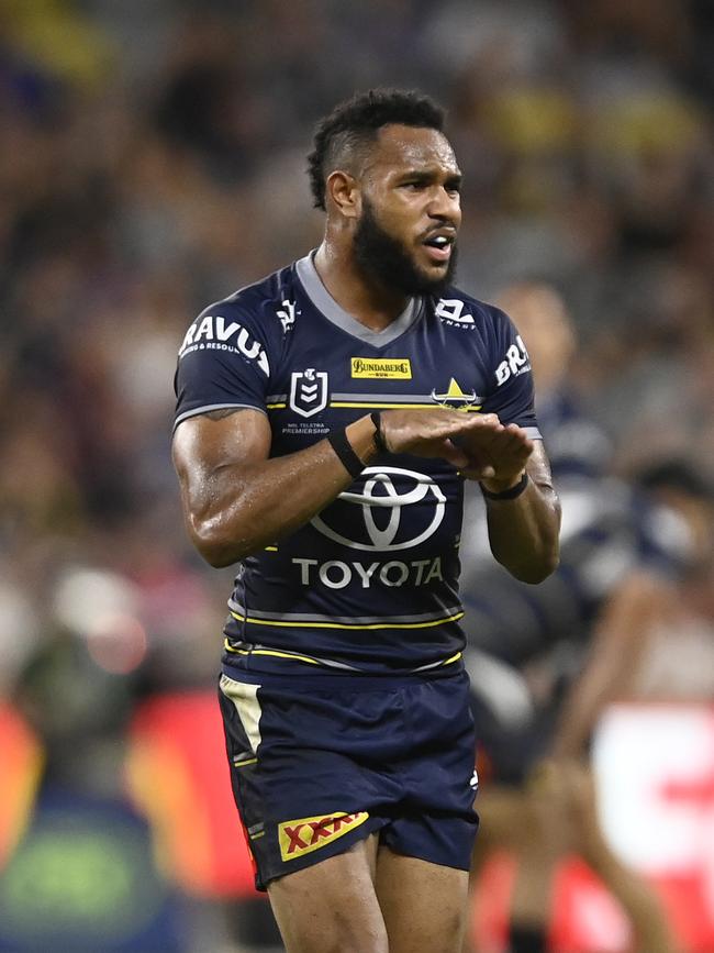 Hamiso Tabuai-Fidow of the Cowboys comes from the field after being injured during the round four NRL match. (Photo by Ian Hitchcock/Getty Images)