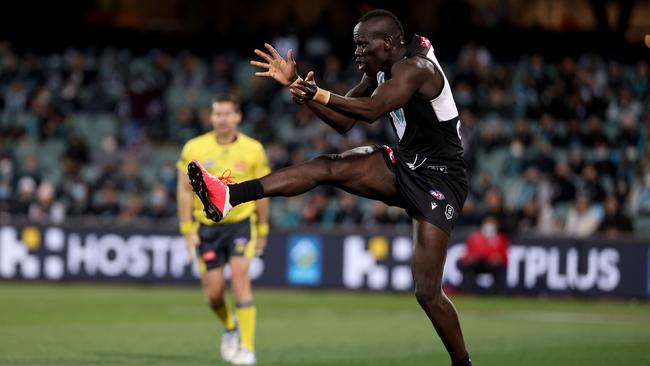 All Australian defender Aliir Aliir dominated the marking contests early in Port Adelaide’s 43-point win over Geelong. Picture: Getty Images.