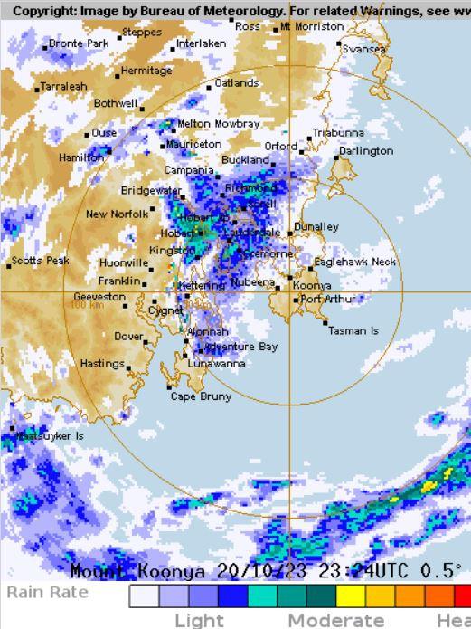 Bureau of Meteorology rain radio of Hobart Oct 21, 2023.