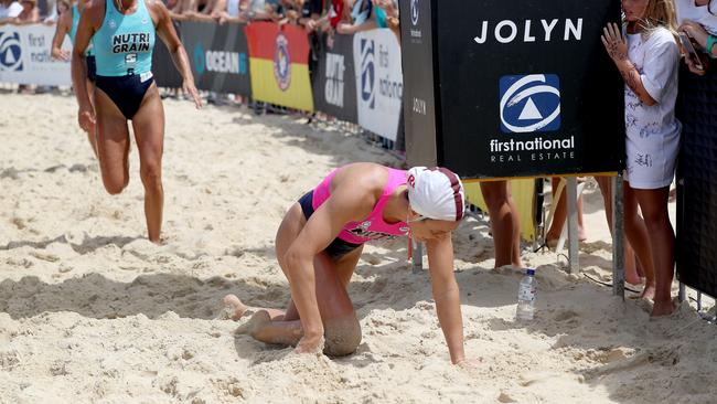 Jordan Mercer collapses after hitting a pothole in Coolum. Picture: Shane Myers Ocean6