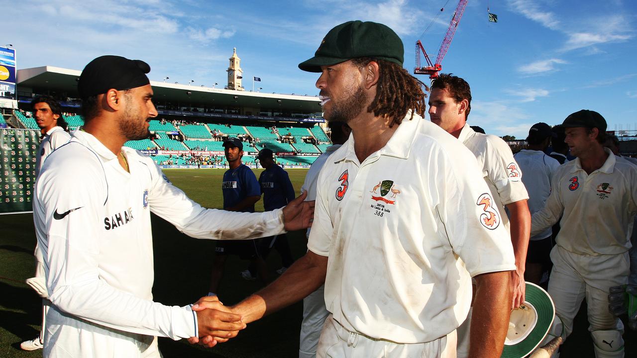 Harbhajan Singh shaking hands with Andrew Symonds after the Sydney Test.