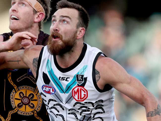 ADELAIDE, AUSTRALIA - AUGUST 22: Ben McEvoy of the Hawks competes with Charlie Dixon of the Power during the 2020 AFL Round 13 match between the Port Adelaide Power and the Hawthorn Hawks at Adelaide Oval on August 22, 2020 in Adelaide, Australia. (Photo by James Elsby/AFL Photos via Getty Images)