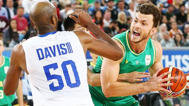 Boomers star Angus Brandt (right) in action against Chinese Tapei in World Cup qualifying last month.