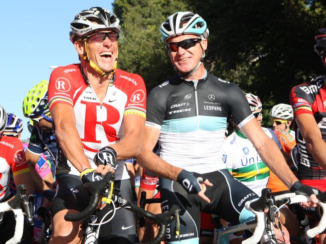 US star Lance Armstrong and SA rider Stuart O’Grady share a joke before the Cancer Council Classic in 2011.