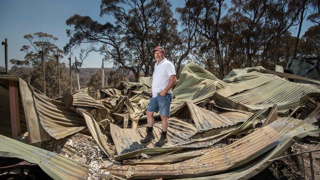 Enrico Sgarbi at their destroyed property on the corner of Croft and Neudorf roads outside Lobethal two weeks after the Cudlee Creek bushfire. Picture: Brad Fleet