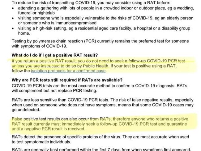 This fact sheet had contradicting Covid testing advice on it. Picture: Twitter