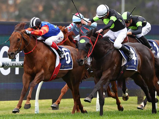 SYDNEY, AUSTRALIA - NOVEMBER 04:  Craig Williams riding Bella Nipotina wins Race 7 Giga Kick Stakes during James Squire Golden Eagle Day - Sydney Racing at Rosehill Gardens on November 04, 2023 in Sydney, Australia. (Photo by Jeremy Ng/Getty Images)