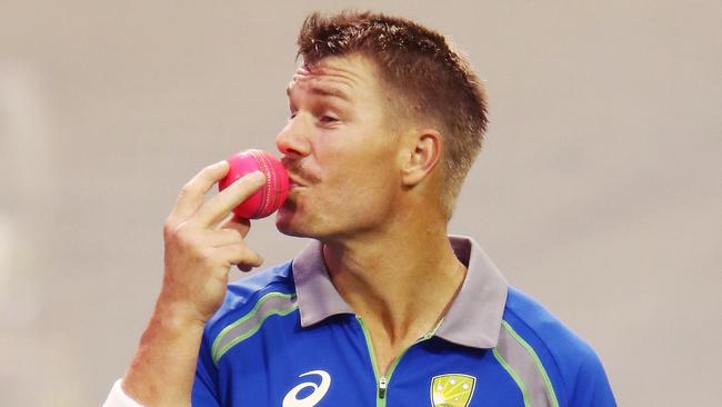 David Warner kisses the pink ball before last year’s day-night Test.